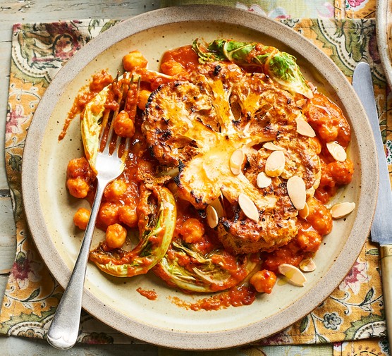 Roasted cauliflower with harissa & chickpea sauce