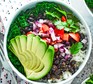 Healthy vegetarian lunch recipes Burrito bowl with chipotle black beans, chopped onion, tomatoes and white rice