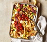 Greek feta traybake served in a roasting dish