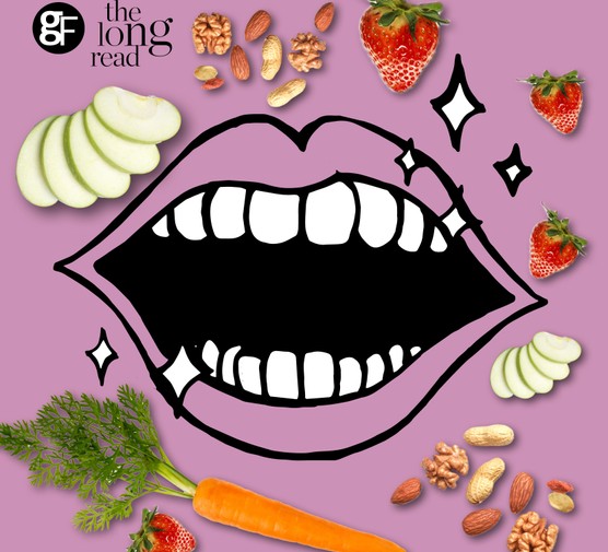 Illustration of mouth with foods for guide to foods that whiten your teeth