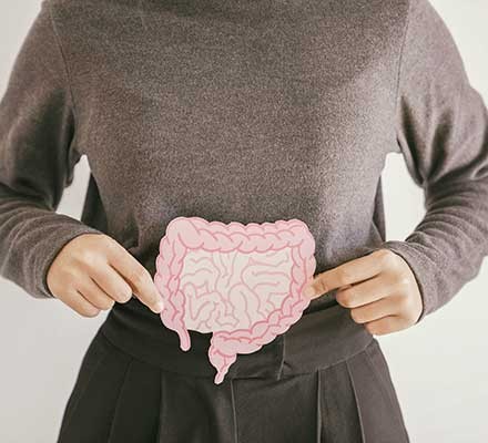 Does gut health affect weight? Woman holding a drawing of the intestines over her stomach