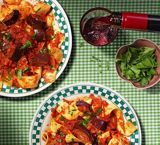 Two servings of harissa aubergine ragu