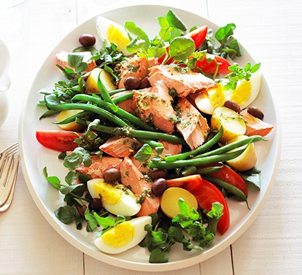 High protein salad with salmon and eggs