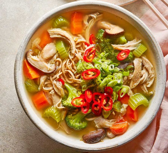 A serving of immune-supporting miso chicken noodle soup