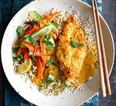 Katsu curry recipes Chicken katsu with rice and vegetables on white plate