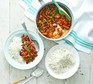 High-fibre recipes Pot of kidney bean curry next to two bowls of rice