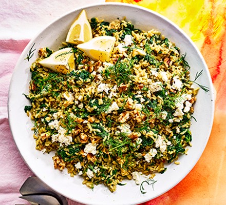 Frozen spinach recipes Lemon & spinach rice with feta in a white bowl