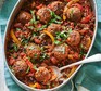 Meatball black bean chilli served in a casserole dish