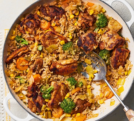 A pan filled with one-pot chicken & rice dish