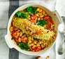 Pesto salmon & bean gratins served in a casserole dish