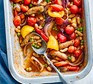 Sausage & white bean casserole served in a roasting dish