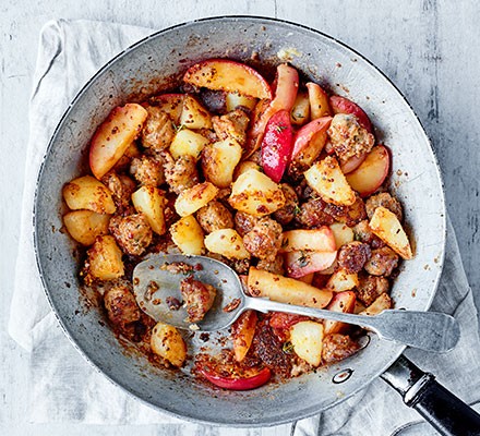 Sausage, mustard & apple hash served in a pan