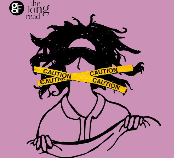 A drawing of a person wearing an eye mask with yellow caution tapes covering their mouth