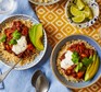 Three-bean chilli Bowls of three-bean chilli