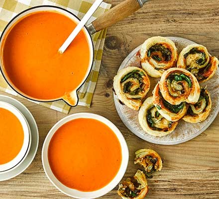 5-veg creamy tomato soup with marmite and spinach pinwheels