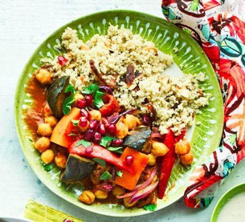 Vegetarian tagine recipes Vegetable tagine with couscous on a green plate