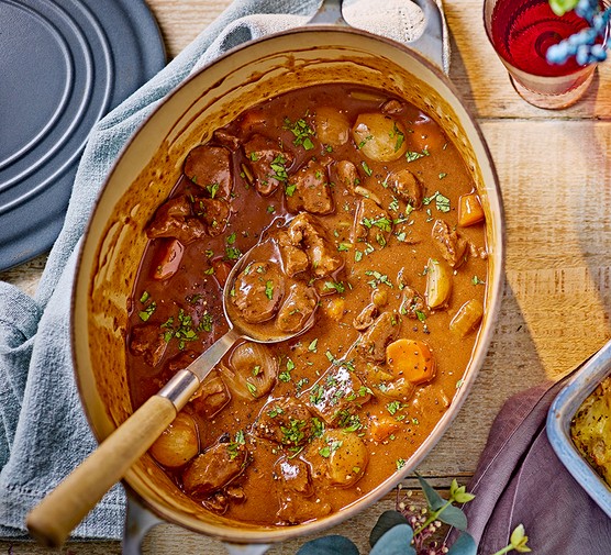 A casserole dish with venison stew