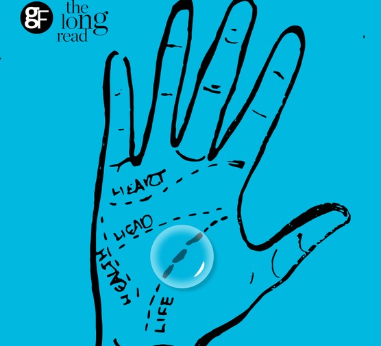 Illustration of a palm with life lines and a drop of water